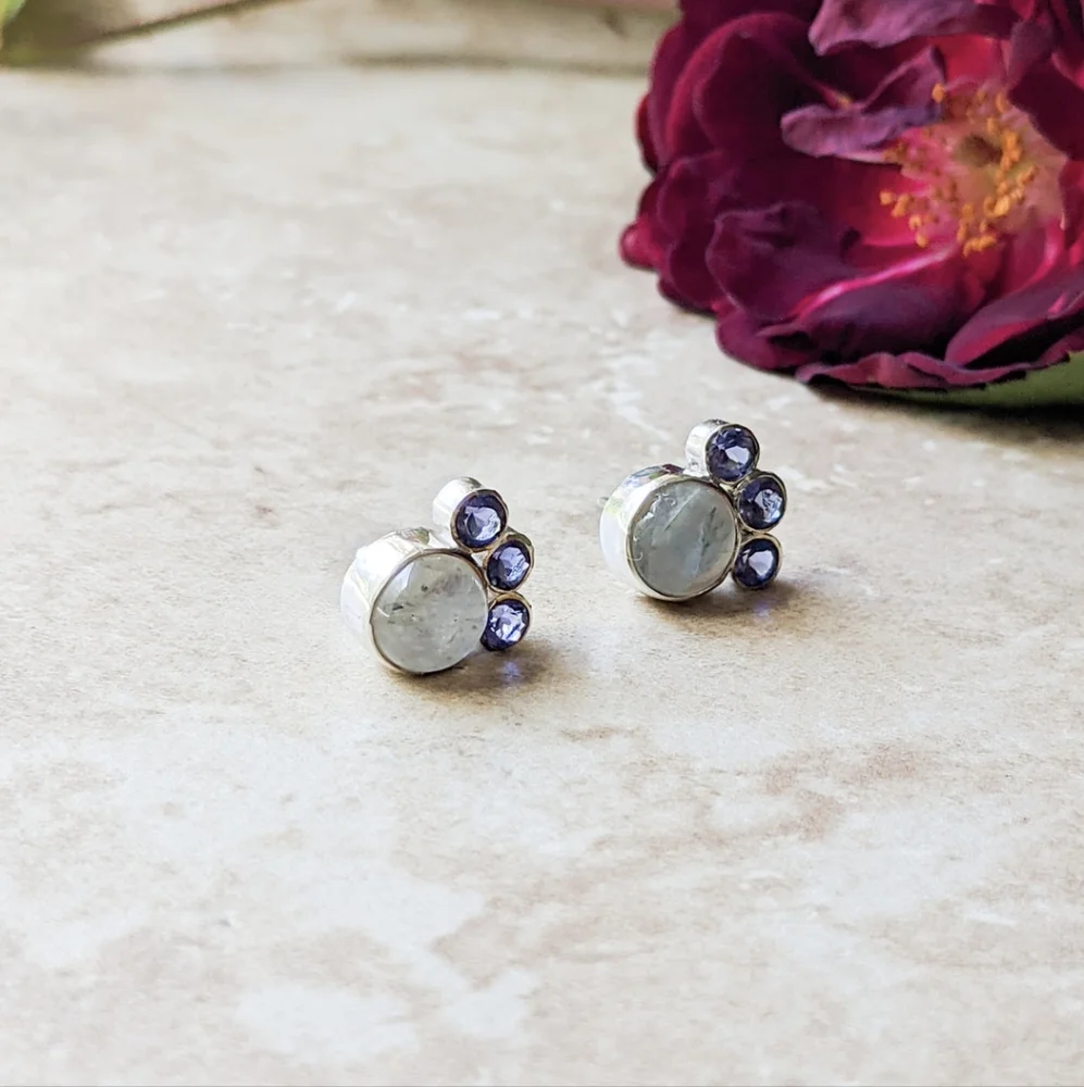 NWT Bentley & Lo Moonstone and Iolite Sterling Silver Fan Studs